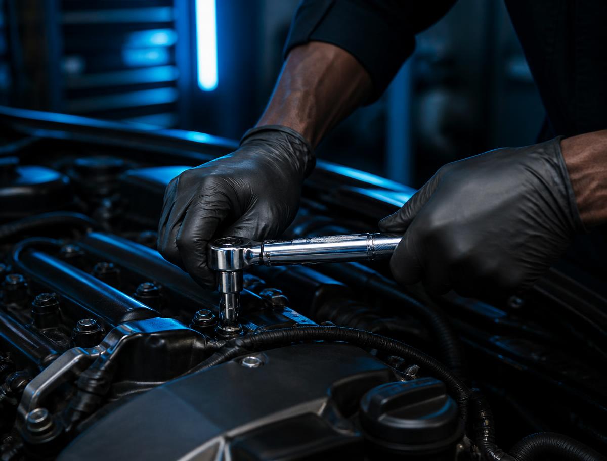 Technician torquing bolts on an engine at iFix Cars